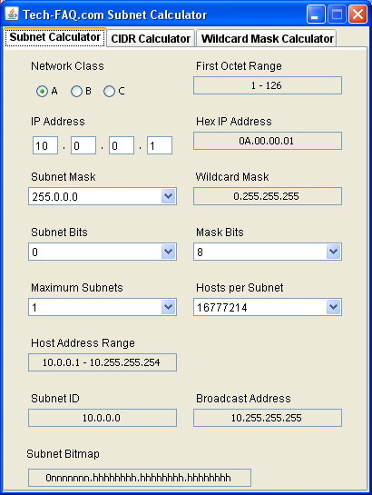 Screenshot for Tech-FAQ.com Subnet Calculator 1.0